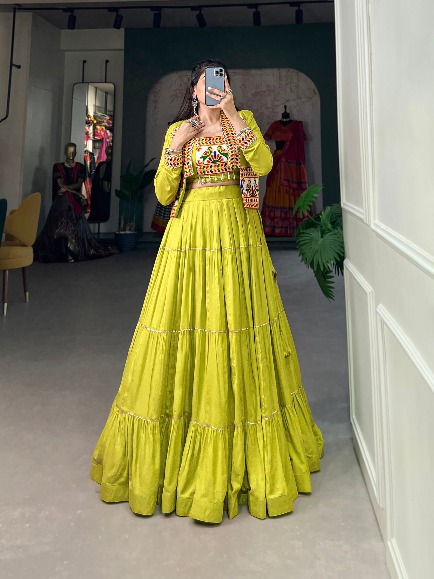 Lorenvalley Fashion Parotgreen Pure Rayon Plain With Gota Patti Touch Up Lehenga Choli with Koti | Swadesiicart