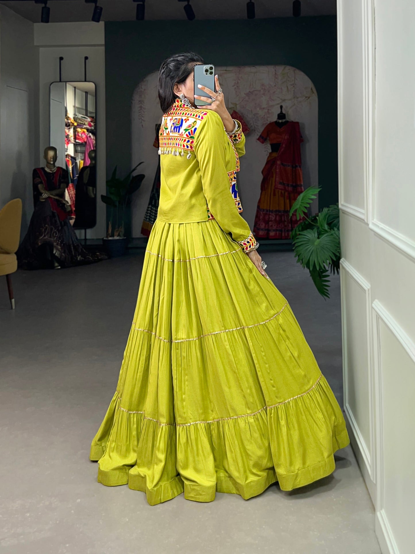 Lorenvalley Fashion Parotgreen Pure Rayon Plain With Gota Patti Touch Up Lehenga Choli with Koti | Swadesiicart