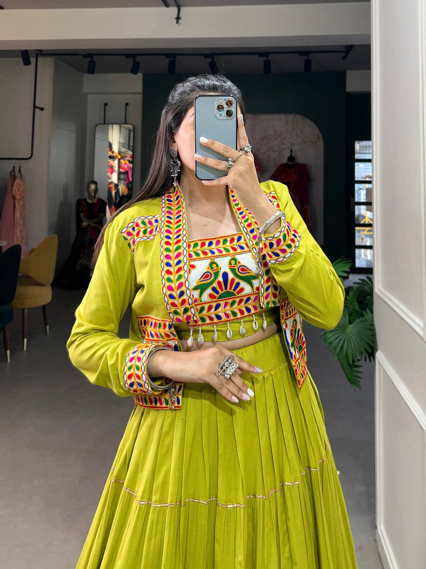 Lorenvalley Fashion Parotgreen Pure Rayon Plain With Gota Patti Touch Up Lehenga Choli with Koti | Swadesiicart
