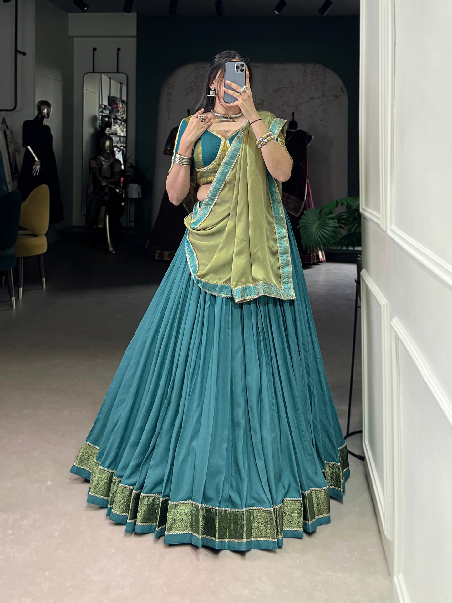 Lorenvalley Teal Pure Rayon Zari Weaving Work With Lace Border Lehenga Choli with Dupatta | Swadesiicart