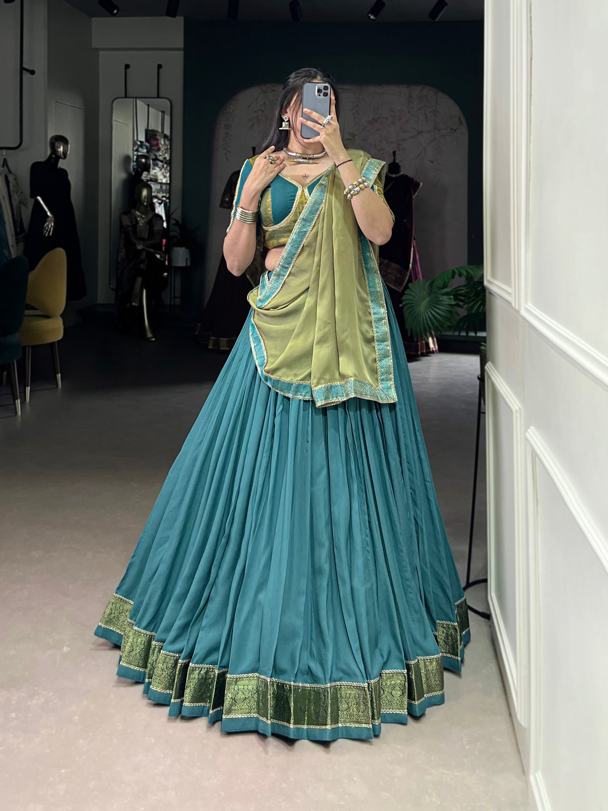 Lorenvalley Teal Pure Rayon Zari Weaving Work With Lace Border Lehenga Choli with Dupatta | Swadesiicart