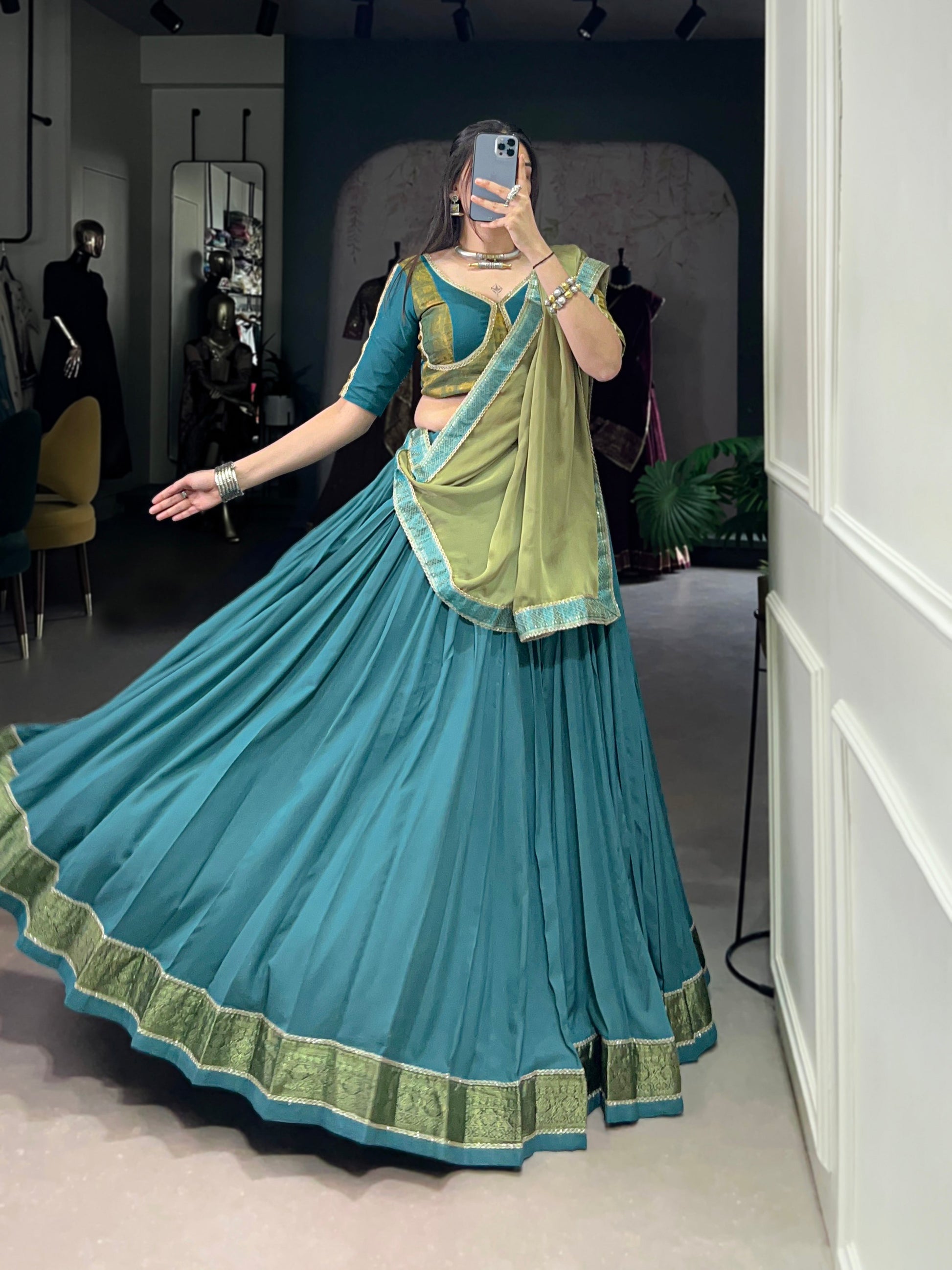 Lorenvalley Teal Pure Rayon Zari Weaving Work With Lace Border Lehenga Choli with Dupatta | Swadesiicart