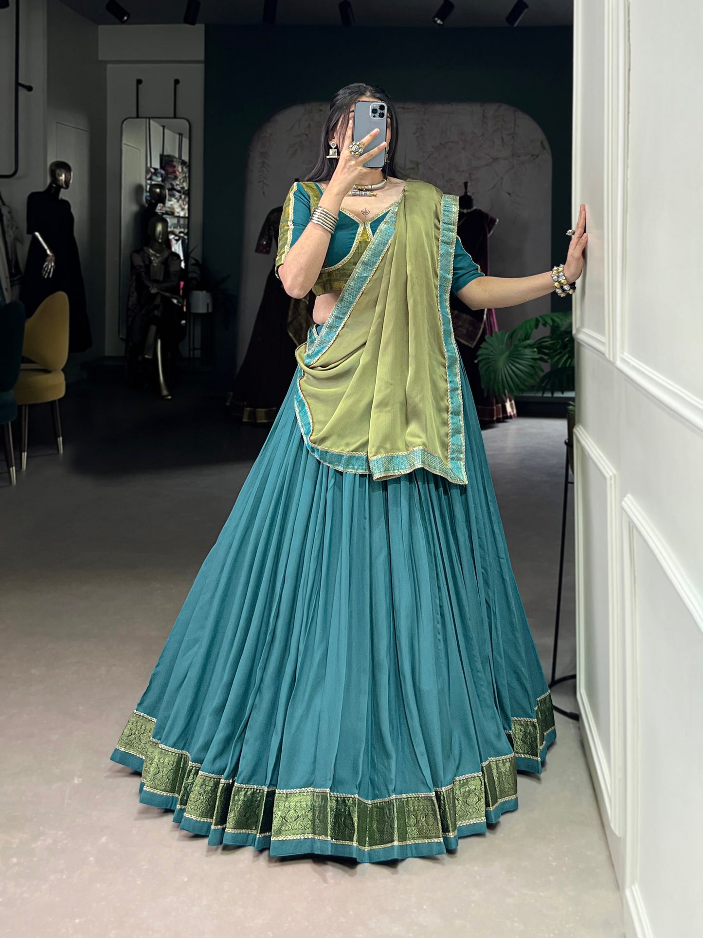 Lorenvalley Teal Pure Rayon Zari Weaving Work With Lace Border Lehenga Choli with Dupatta | Swadesiicart