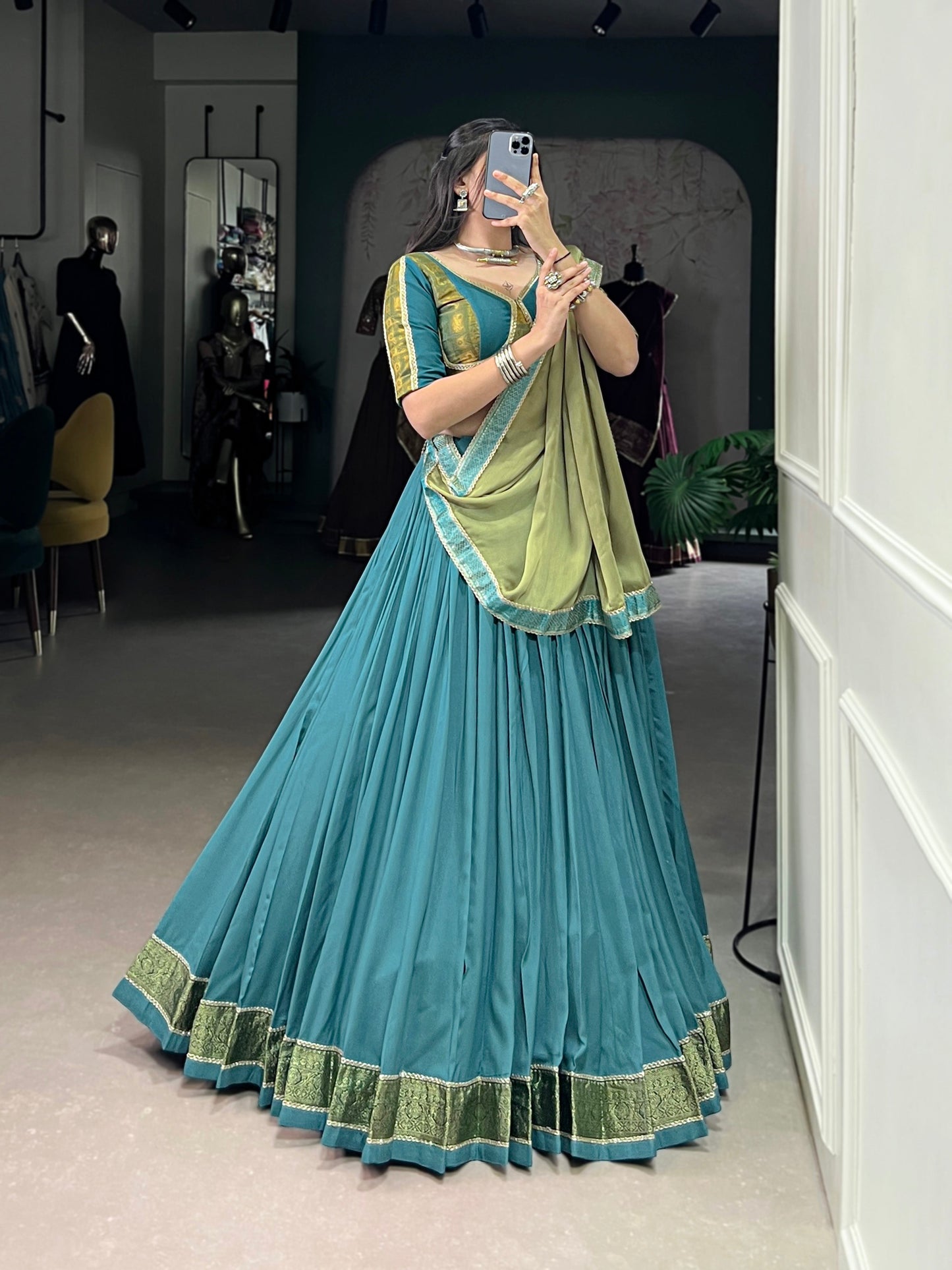 Lorenvalley Teal Pure Rayon Zari Weaving Work With Lace Border Lehenga Choli with Dupatta | Swadesiicart