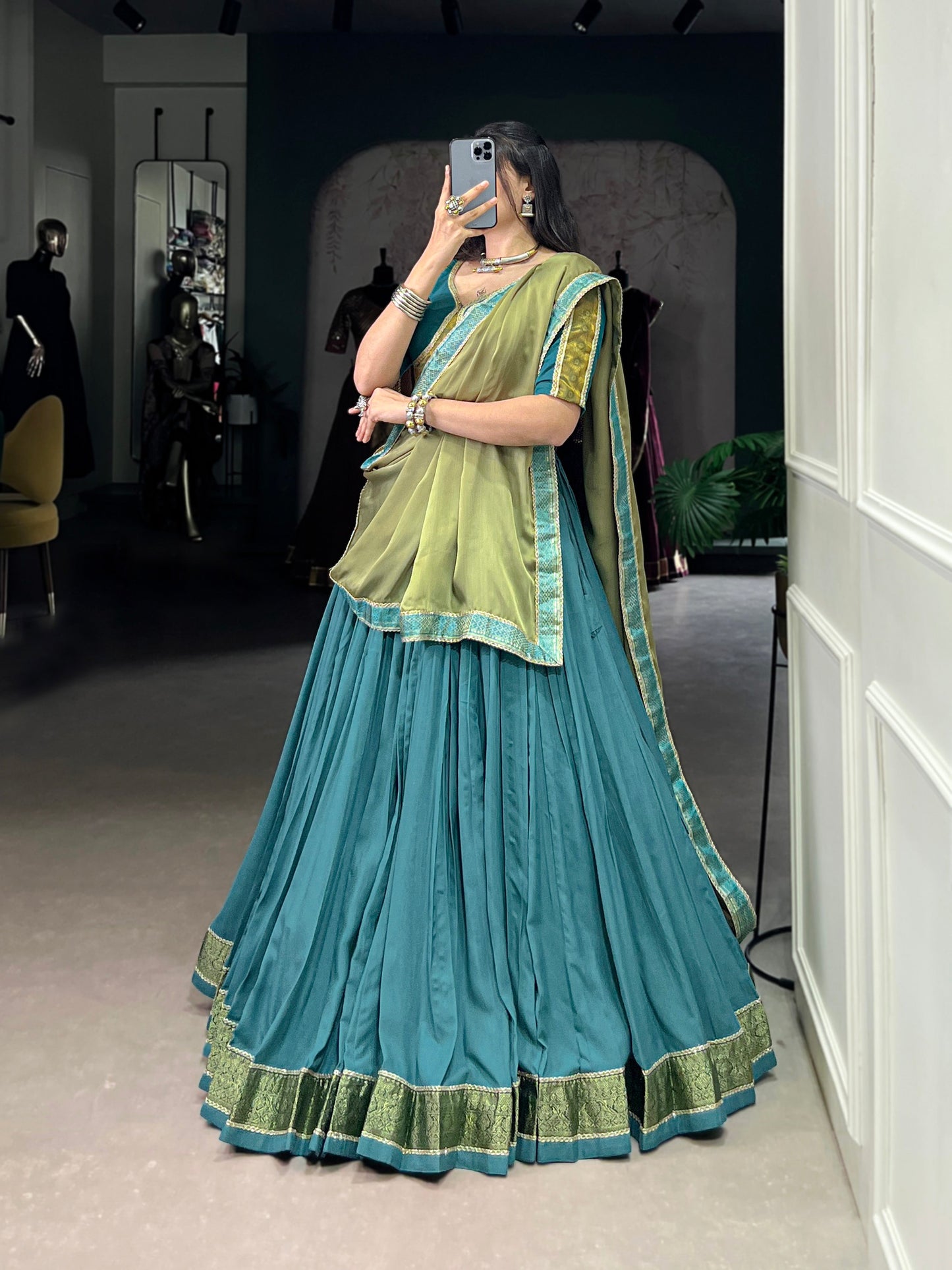 Lorenvalley Teal Pure Rayon Zari Weaving Work With Lace Border Lehenga Choli with Dupatta | Swadesiicart