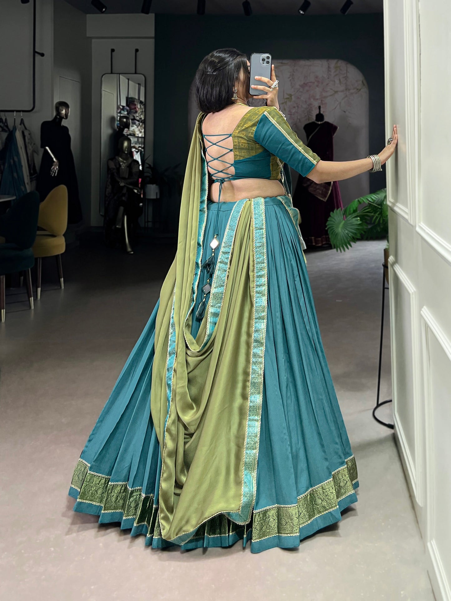 Lorenvalley Teal Pure Rayon Zari Weaving Work With Lace Border Lehenga Choli with Dupatta | Swadesiicart