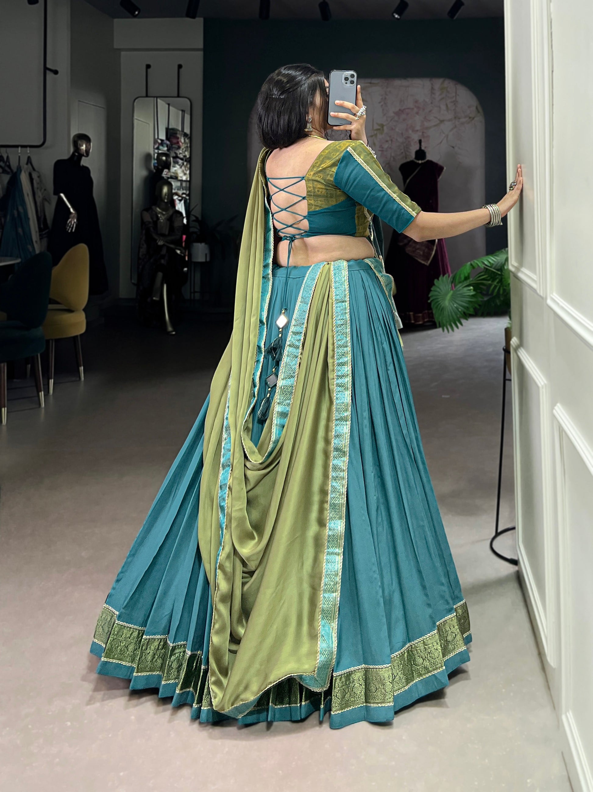 Lorenvalley Teal Pure Rayon Zari Weaving Work With Lace Border Lehenga Choli with Dupatta | Swadesiicart