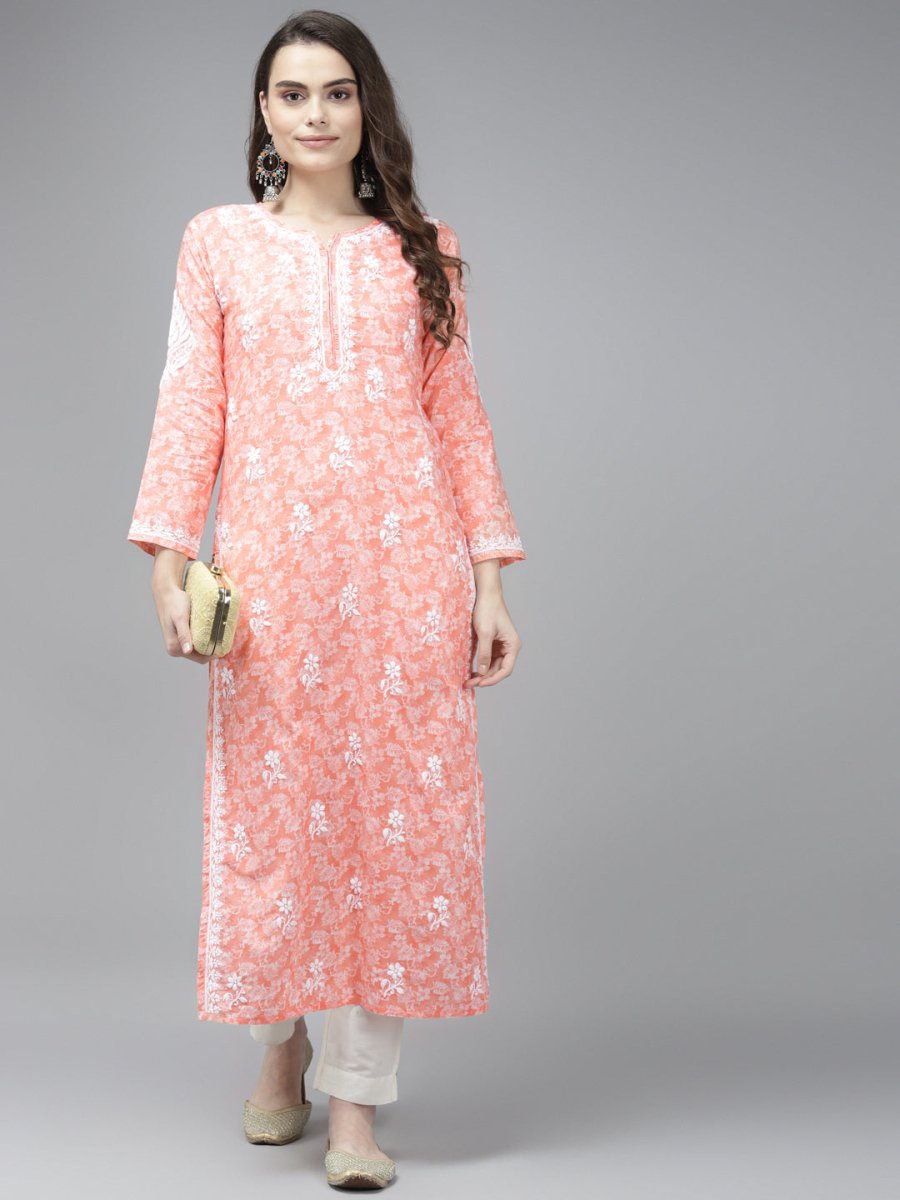 ADA Women Peach-Coloured & White Ethnic Motifs Chikankari Cotton Handloom Kurta | Swadesiicart