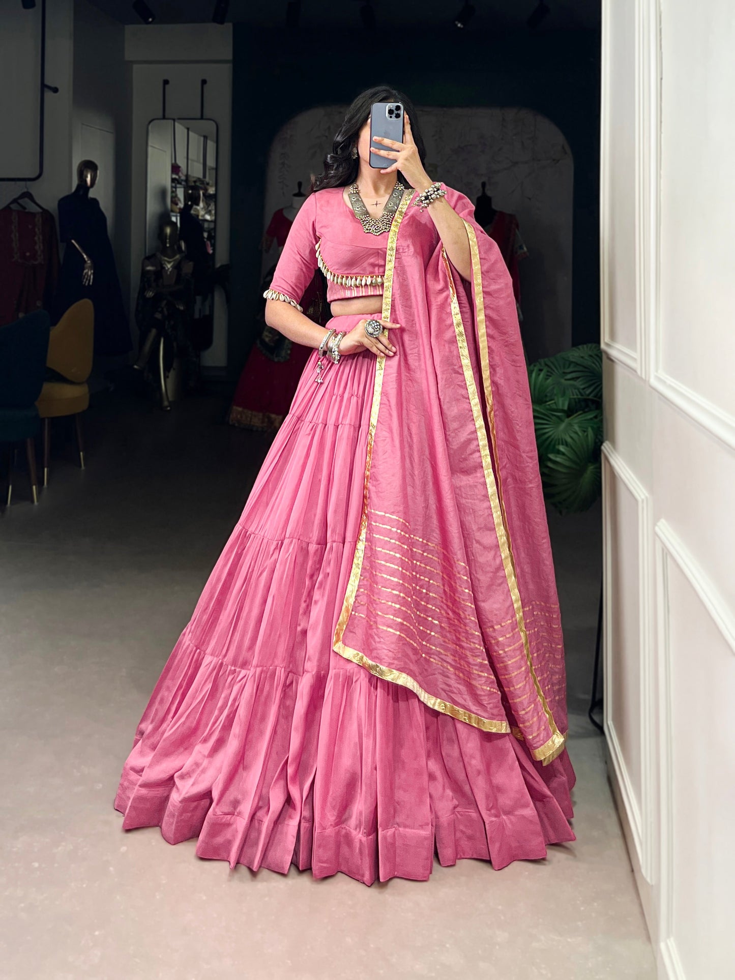 Lorenvalley Pink Pure Chanderi Plain Lehenga Choli Cowrie (Kodi) Lace Touch Up with Dupatta | Swadesiicart