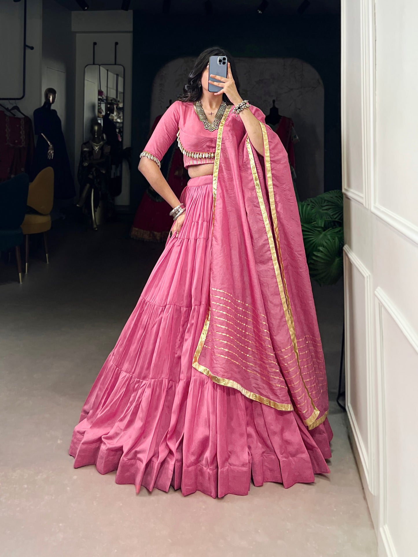Lorenvalley Pink Pure Chanderi Plain Lehenga Choli Cowrie (Kodi) Lace Touch Up with Dupatta | Swadesiicart