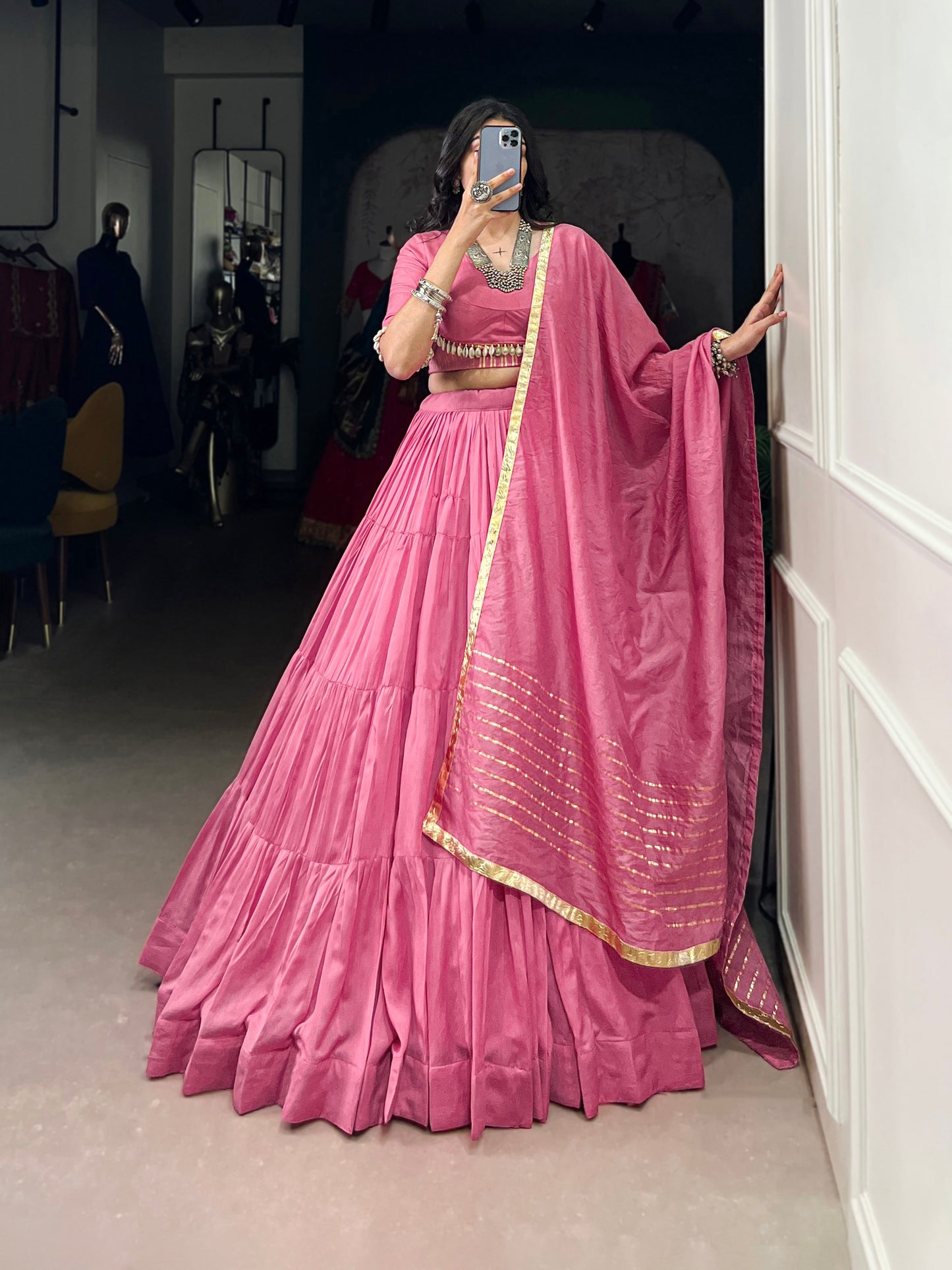 Lorenvalley Pink Pure Chanderi Plain Lehenga Choli Cowrie (Kodi) Lace Touch Up with Dupatta | Swadesiicart