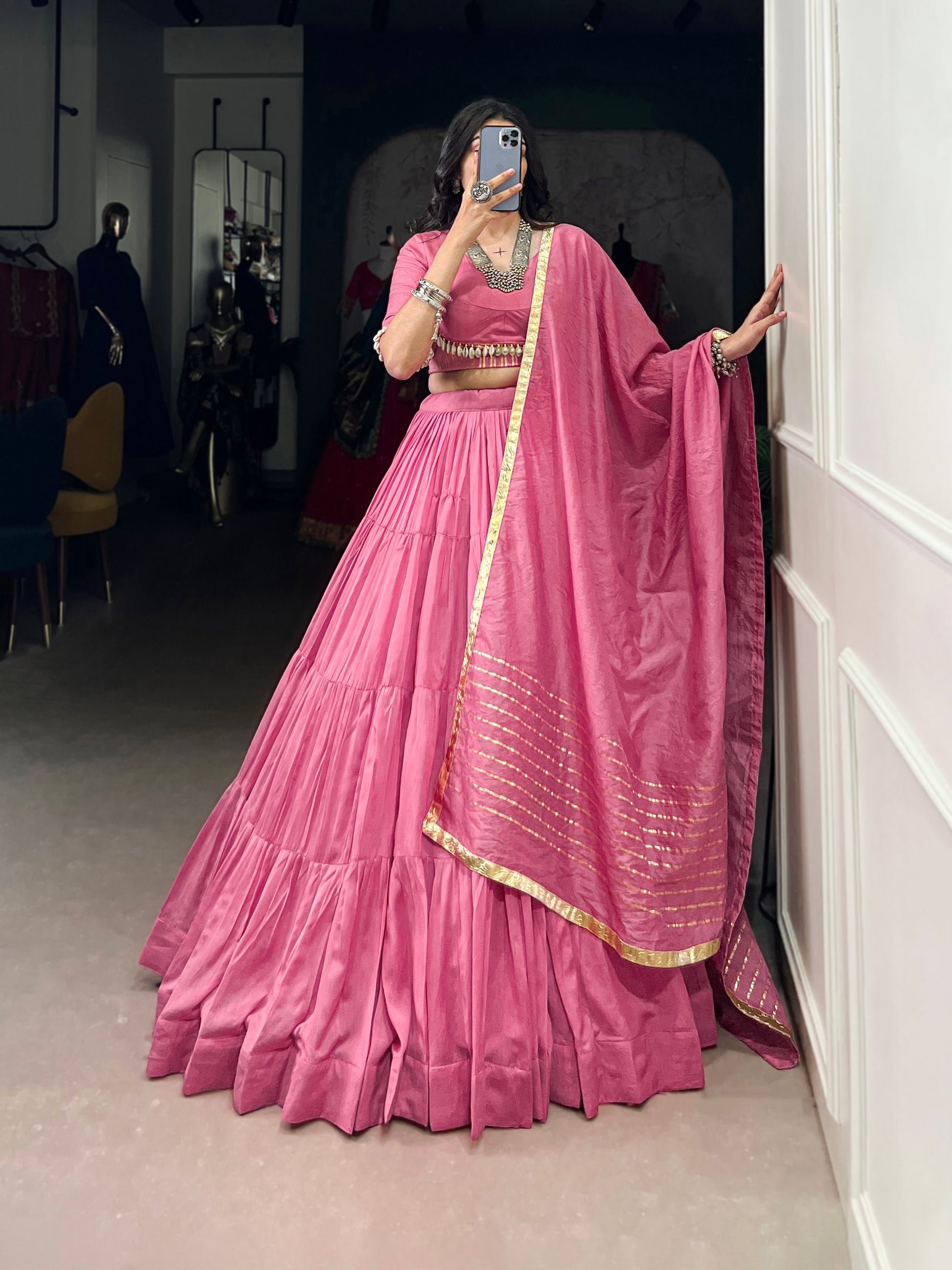 Lorenvalley Pink Pure Chanderi Plain Lehenga Choli Cowrie (Kodi) Lace Touch Up with Dupatta | Swadesiicart