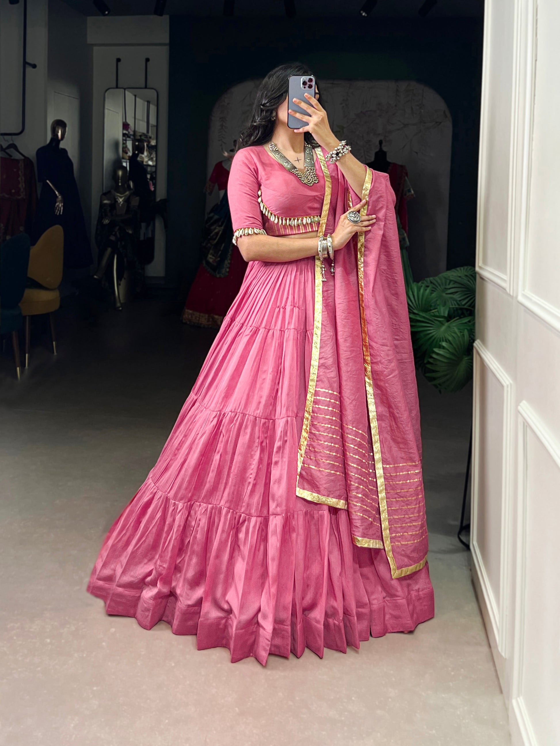 Lorenvalley Pink Pure Chanderi Plain Lehenga Choli Cowrie (Kodi) Lace Touch Up with Dupatta | Swadesiicart
