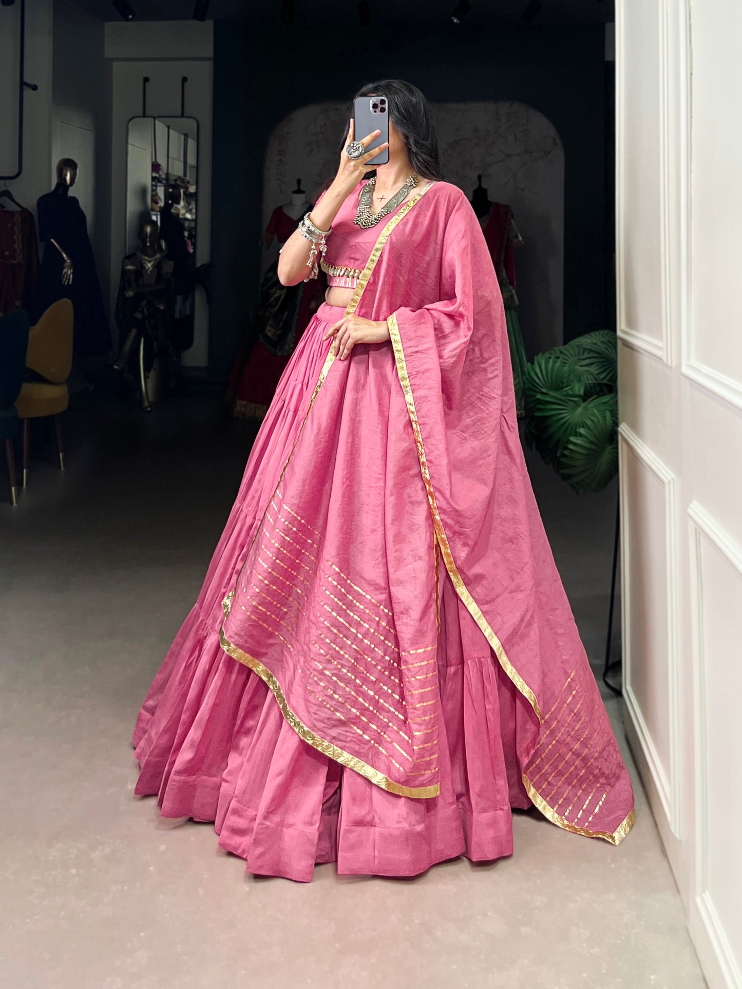Lorenvalley Pink Pure Chanderi Plain Lehenga Choli Cowrie (Kodi) Lace Touch Up with Dupatta | Swadesiicart