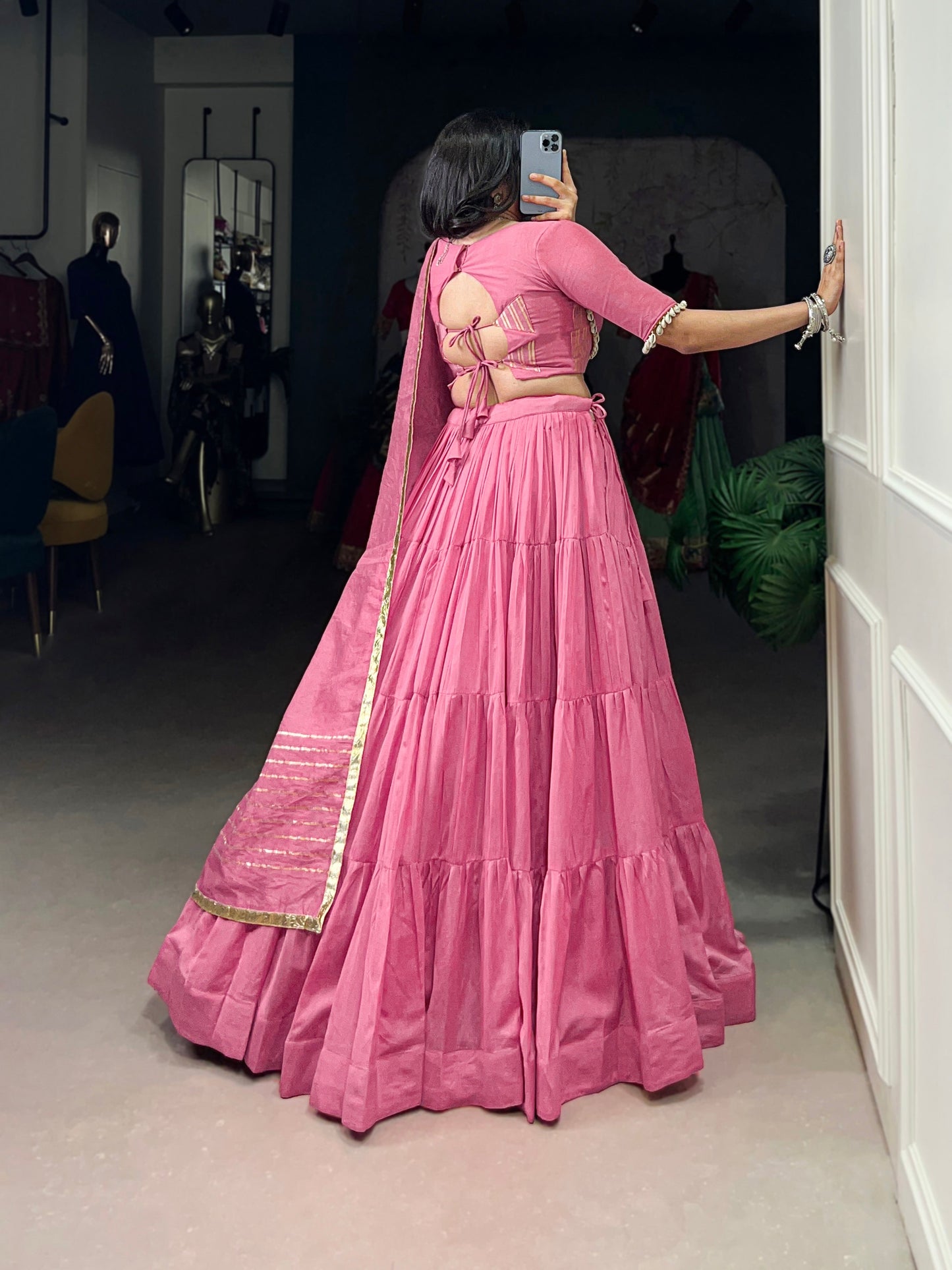 Lorenvalley Pink Pure Chanderi Plain Lehenga Choli Cowrie (Kodi) Lace Touch Up with Dupatta | Swadesiicart