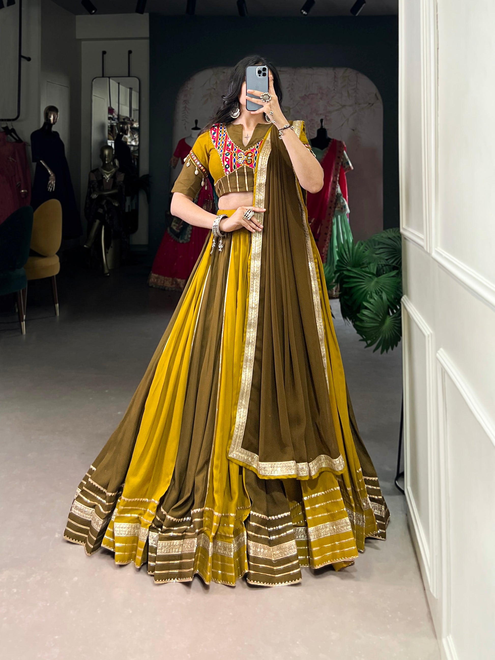 Lorenvalley Mustard Pure Rayon Sequins Lace With Gota Patti Lace Touch Up Lehenga Choli with Dupatta | Swadesiicart