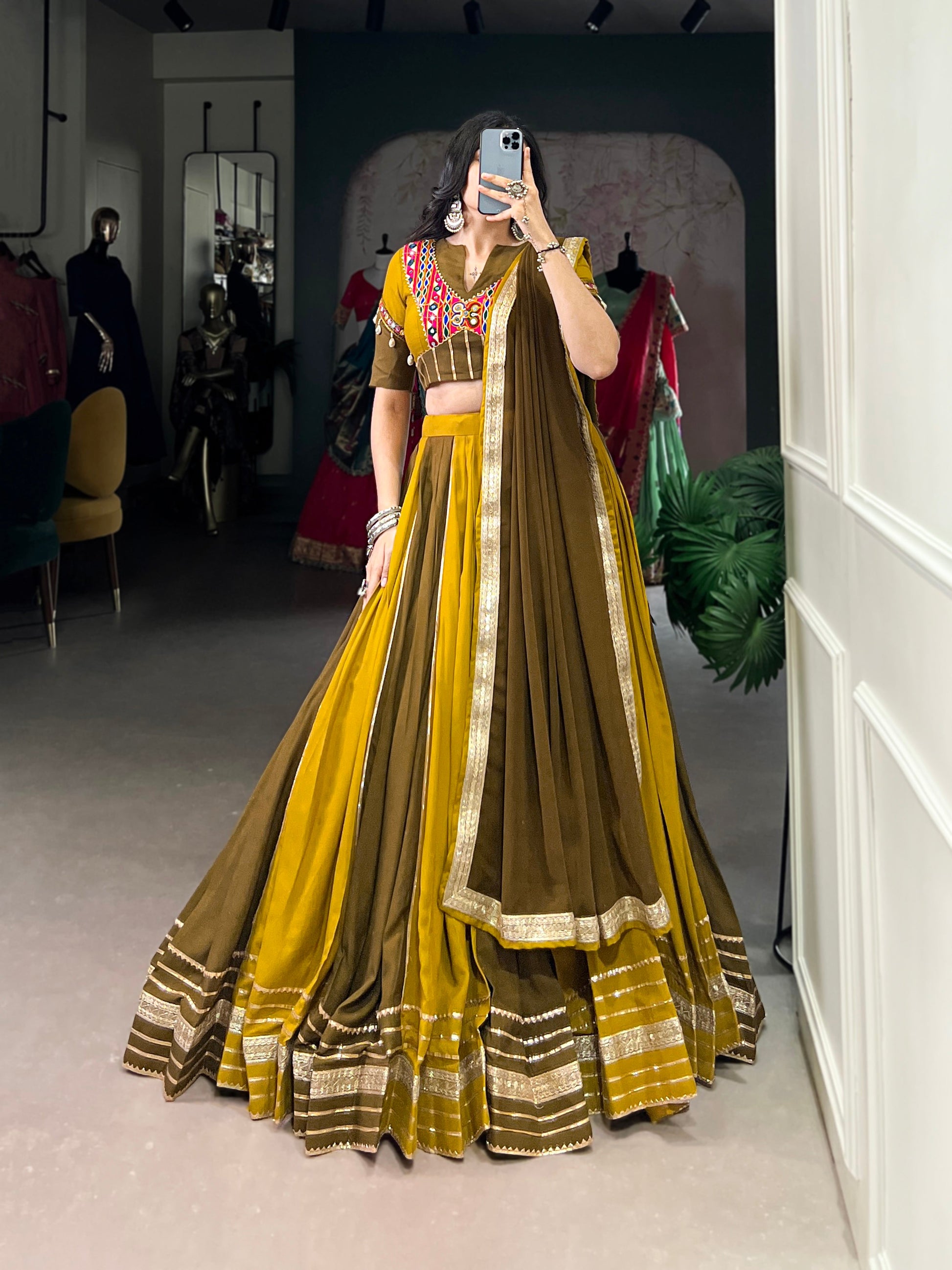 Lorenvalley Mustard Pure Rayon Sequins Lace With Gota Patti Lace Touch Up Lehenga Choli with Dupatta | Swadesiicart