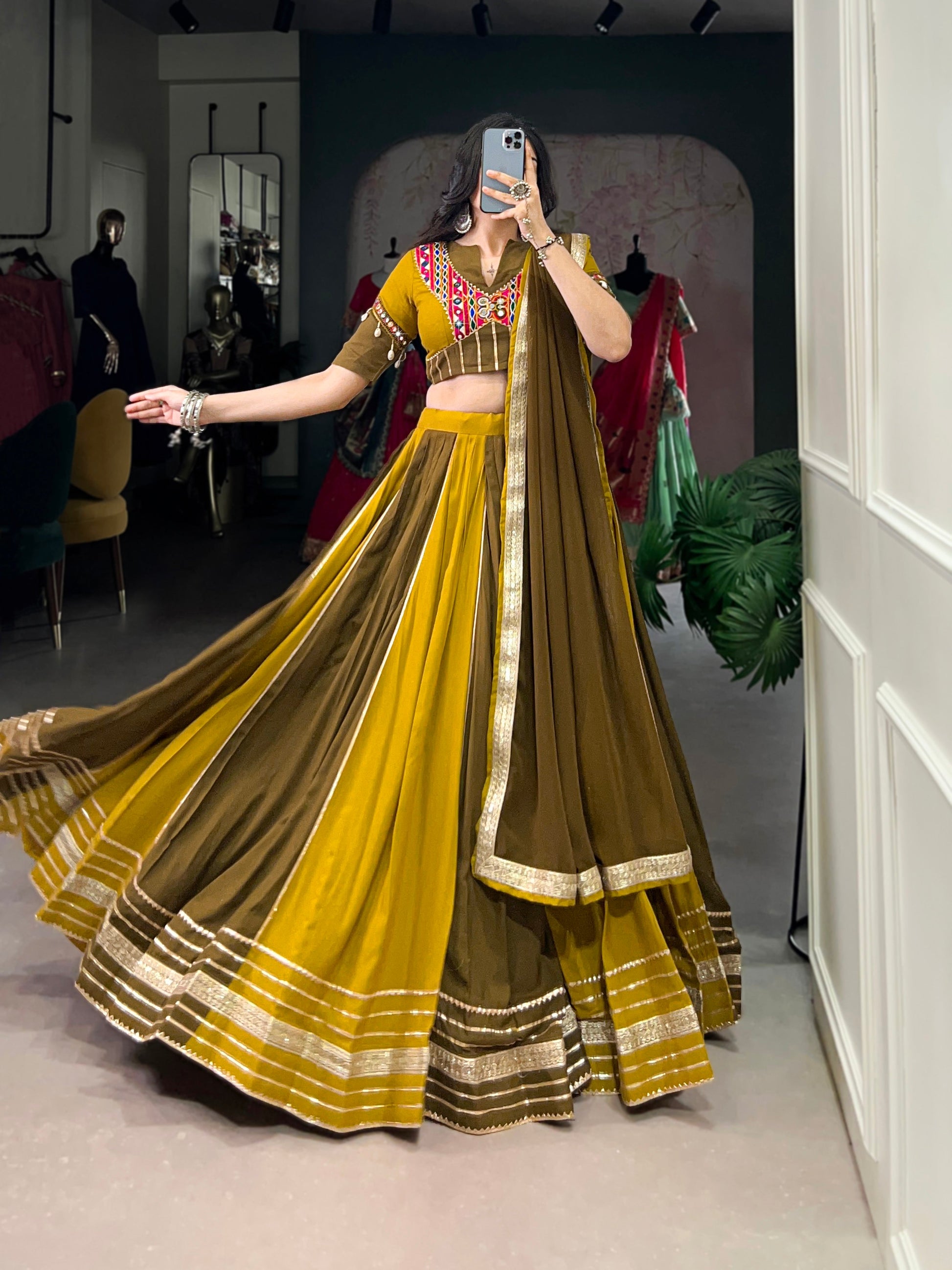 Lorenvalley Mustard Pure Rayon Sequins Lace With Gota Patti Lace Touch Up Lehenga Choli with Dupatta | Swadesiicart