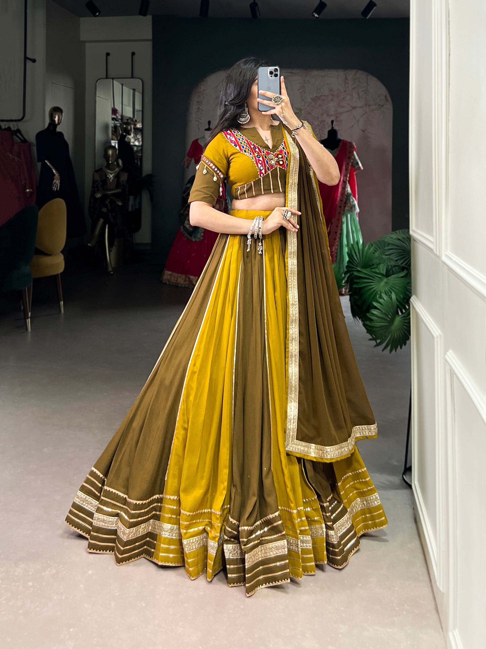 Lorenvalley Mustard Pure Rayon Sequins Lace With Gota Patti Lace Touch Up Lehenga Choli with Dupatta | Swadesiicart