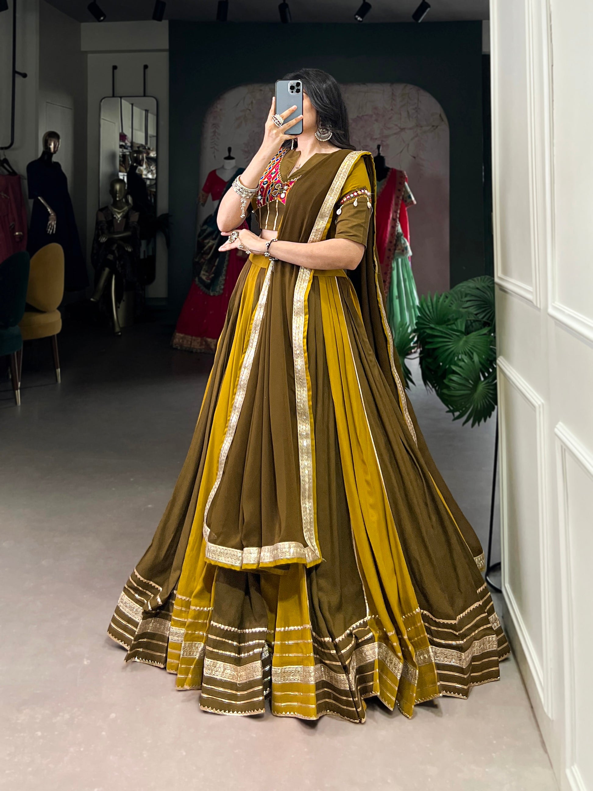 Lorenvalley Mustard Pure Rayon Sequins Lace With Gota Patti Lace Touch Up Lehenga Choli with Dupatta | Swadesiicart