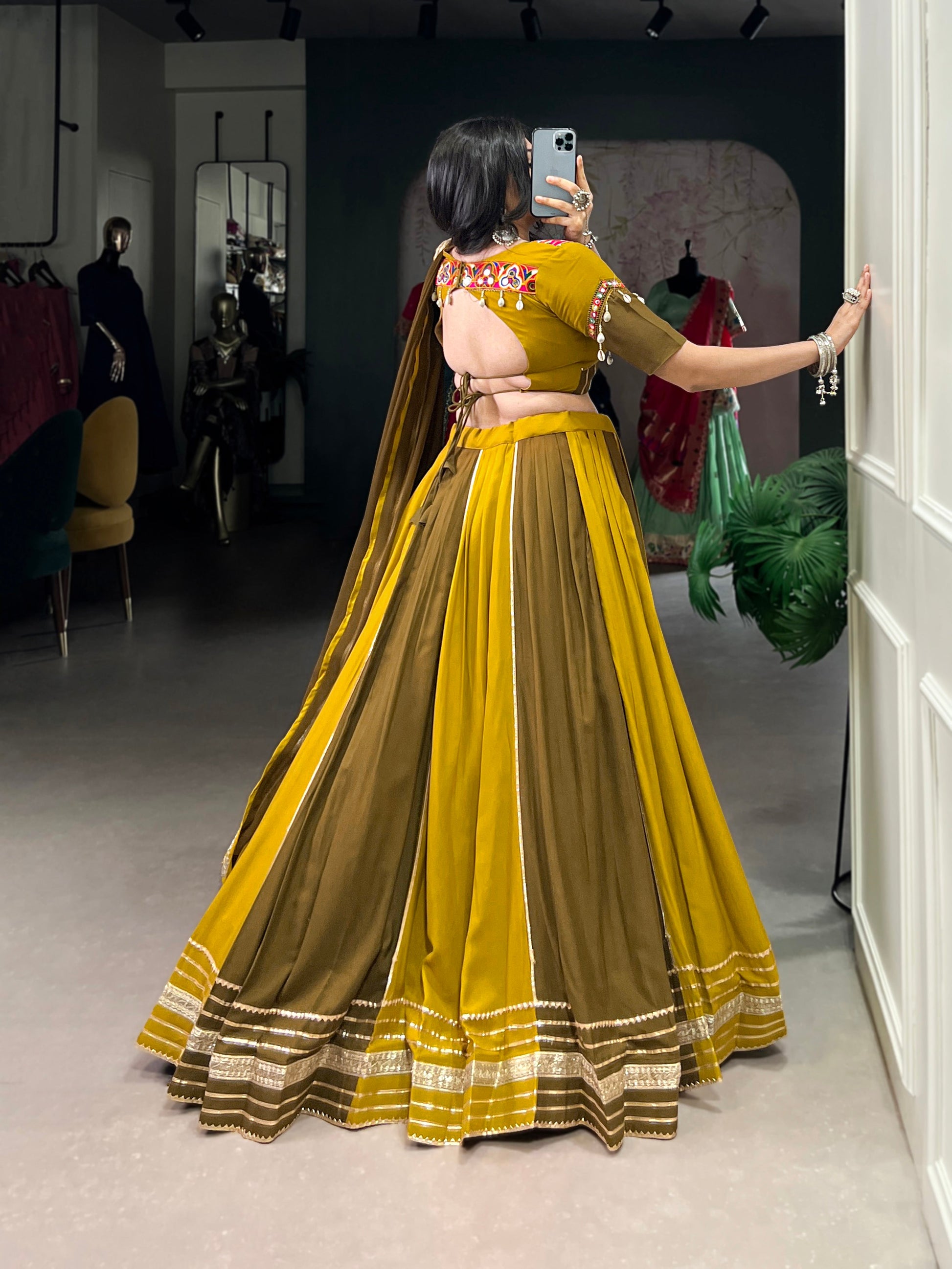 Lorenvalley Mustard Pure Rayon Sequins Lace With Gota Patti Lace Touch Up Lehenga Choli with Dupatta | Swadesiicart