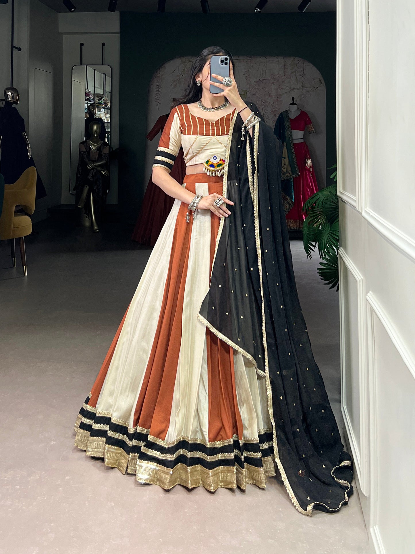 Lorenvalley Cream Chinon Sequins Lace Touch Up Lehenga Choli with Dupatta | Swadesiicart