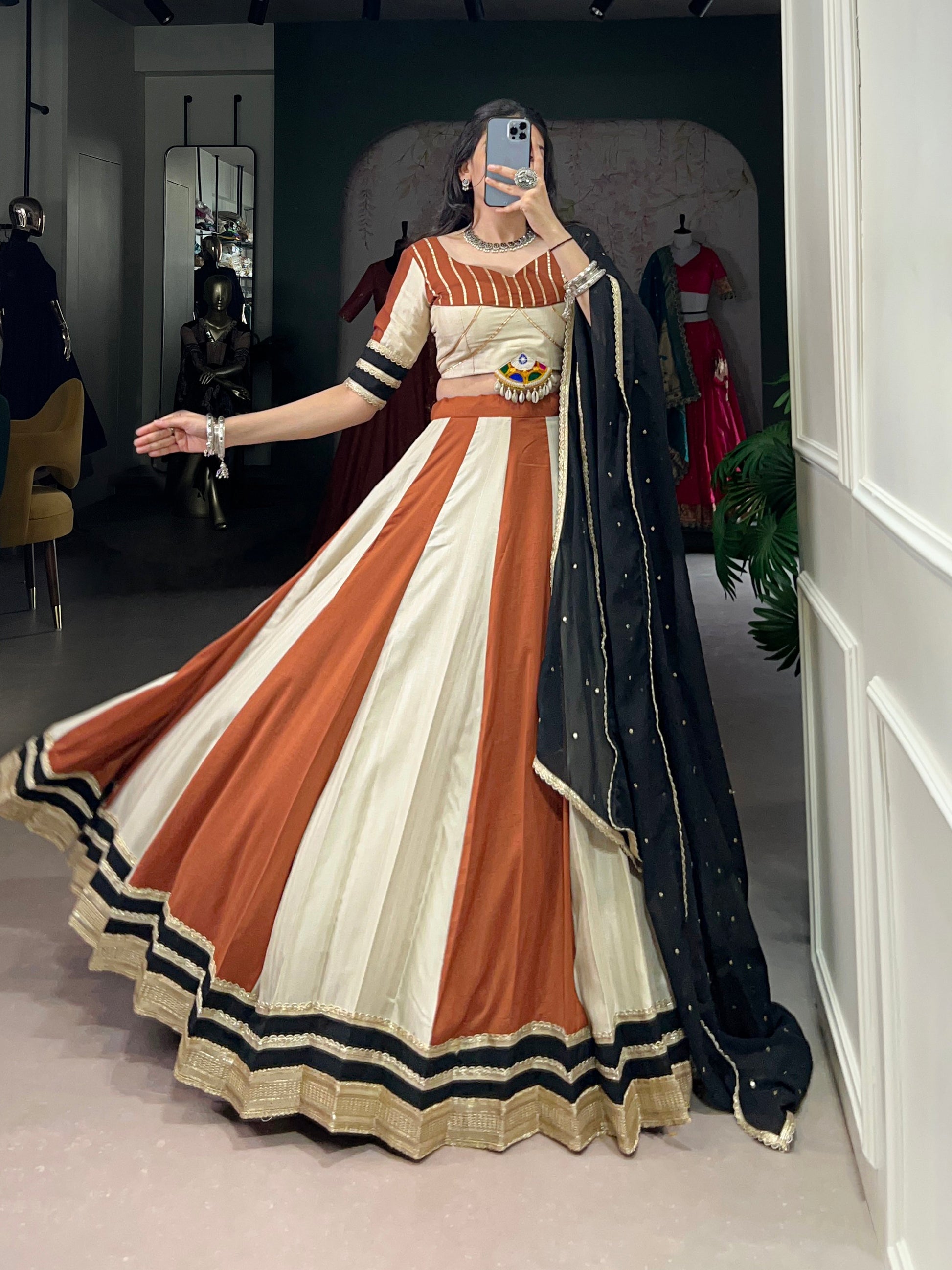 Lorenvalley Cream Chinon Sequins Lace Touch Up Lehenga Choli with Dupatta | Swadesiicart