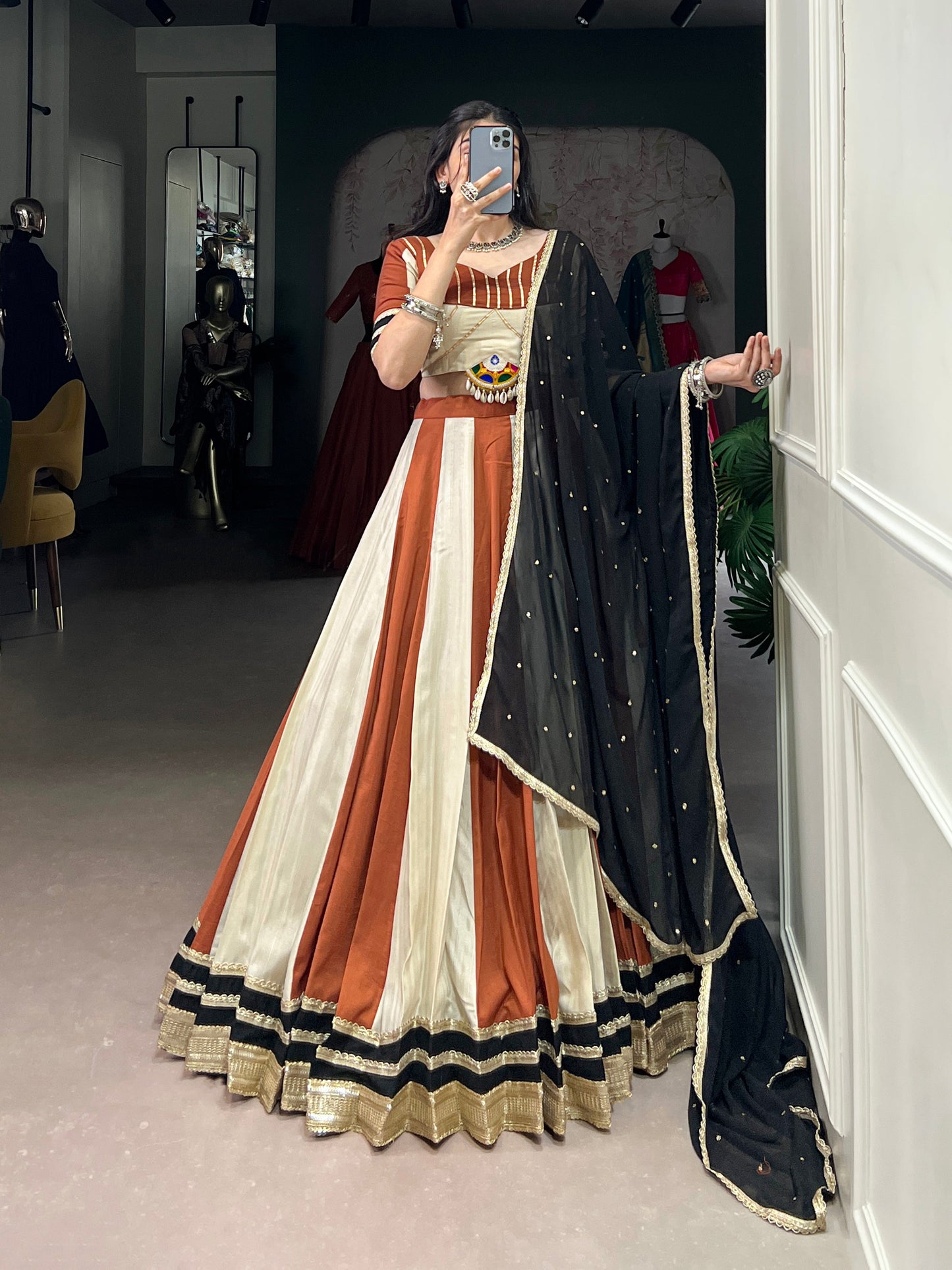 Lorenvalley Cream Chinon Sequins Lace Touch Up Lehenga Choli with Dupatta | Swadesiicart