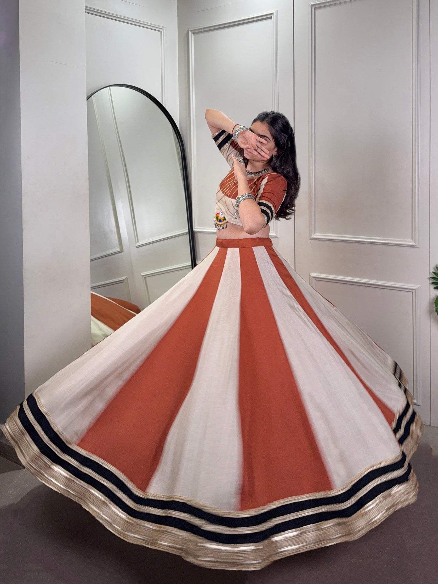 Lorenvalley Cream Chinon Sequins Lace Touch Up Lehenga Choli with Dupatta | Swadesiicart
