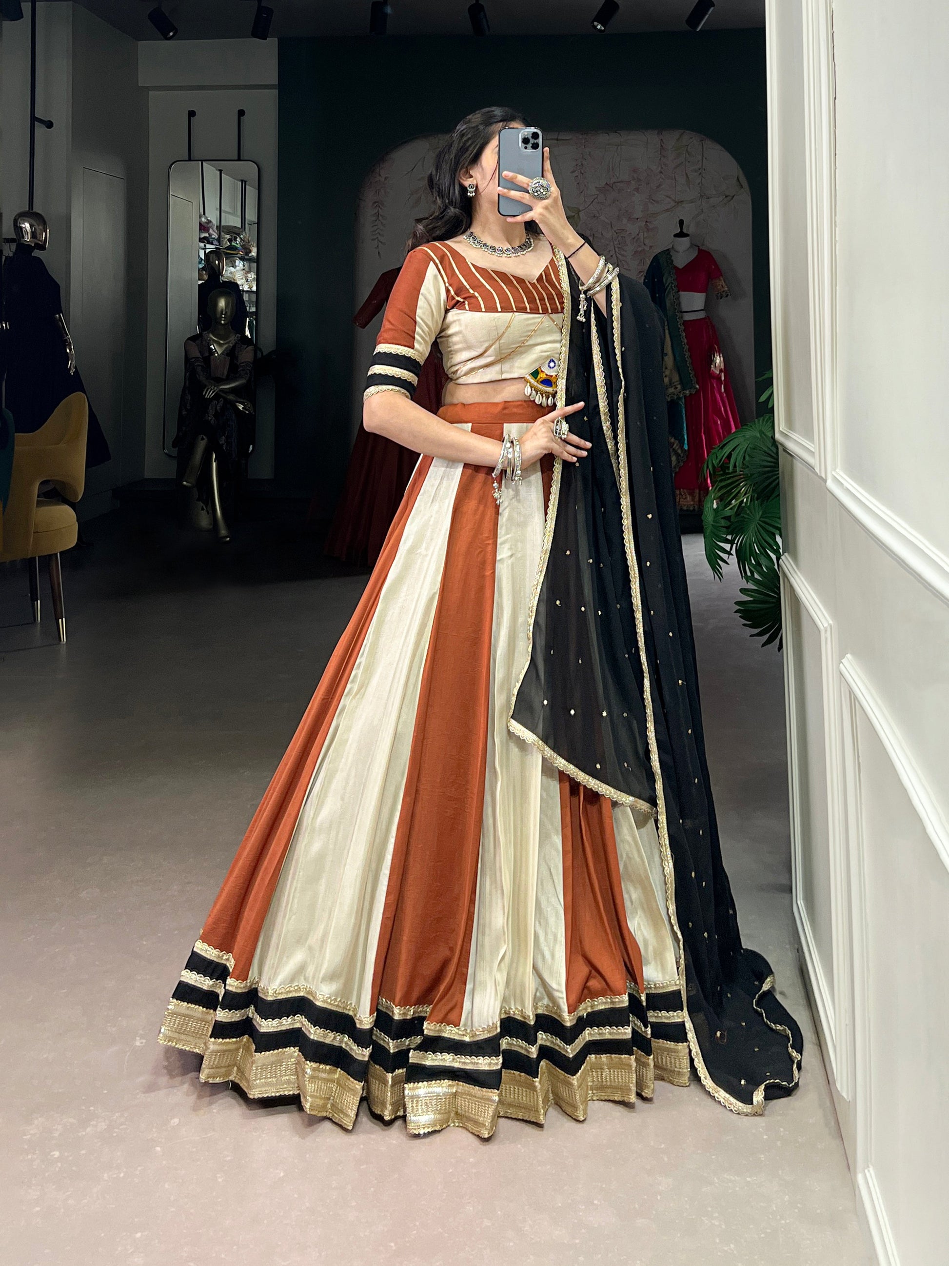 Lorenvalley Cream Chinon Sequins Lace Touch Up Lehenga Choli with Dupatta | Swadesiicart