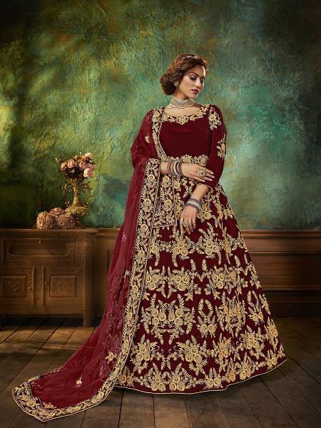 Myra Maroon Velvet Embroidered Anarkali Suit | Swadesiicart