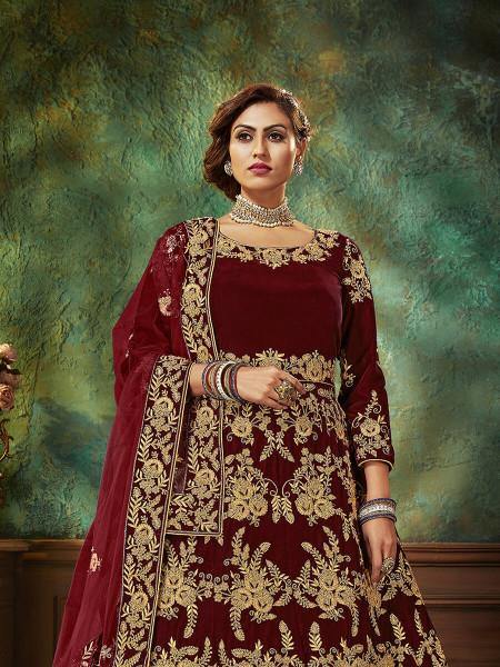 Myra Maroon Velvet Embroidered Anarkali Suit | Swadesiicart