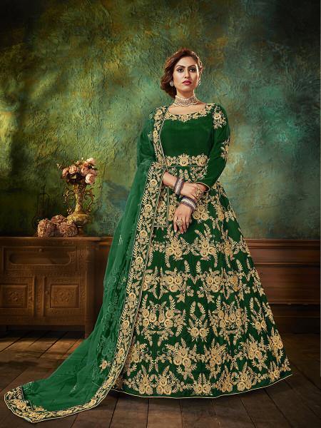 Myra Green Velvet Embroidered Anarkali Suit | Swadesiicart