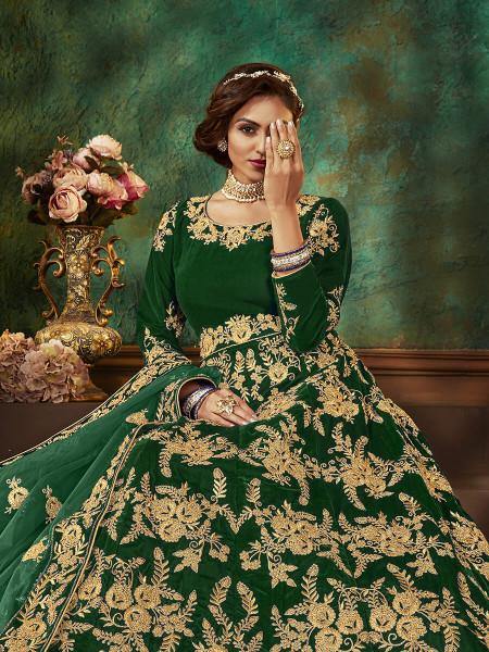 Myra Green Velvet Embroidered Anarkali Suit | Swadesiicart