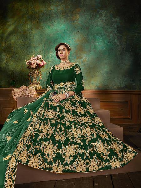 Myra Green Velvet Embroidered Anarkali Suit | Swadesiicart