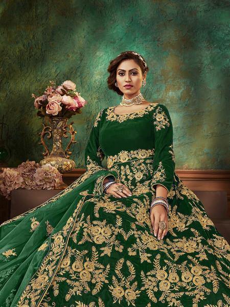 Myra Green Velvet Embroidered Anarkali Suit | Swadesiicart