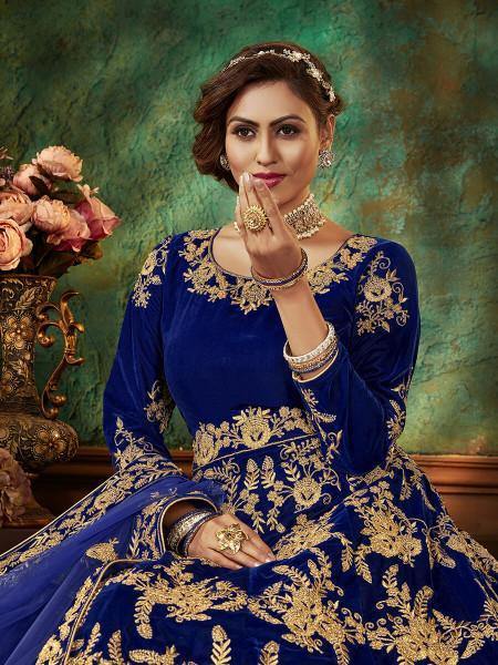 Myra Blue Velvet Embroidered Anarkali Suit | Swadesiicart