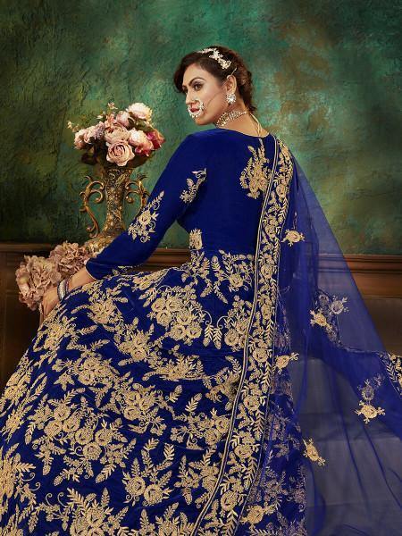 Myra Blue Velvet Embroidered Anarkali Suit | Swadesiicart