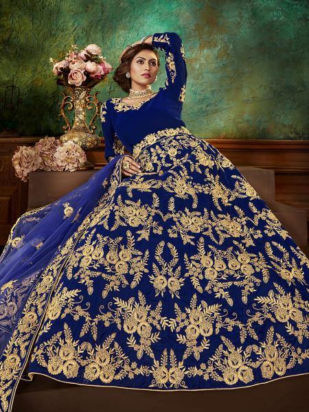 Myra Blue Velvet Embroidered Anarkali Suit | Swadesiicart