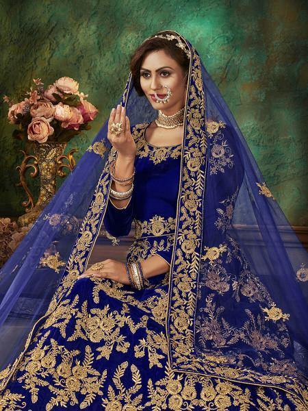 Myra Blue Velvet Embroidered Anarkali Suit | Swadesiicart