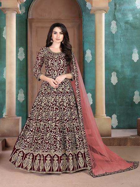 Myra Beautiful Maroon Georgette Embroidered Anarkali Suit | Swadesiicart