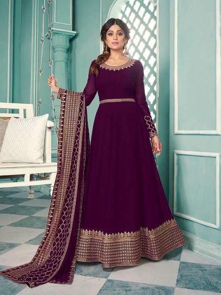 Myra Wine Embroidered Real Georgette Anarkali Suit | Swadesiicart