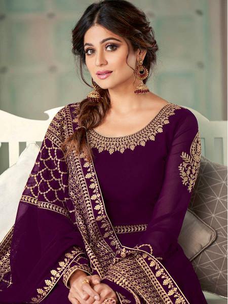 Myra Wine Embroidered Real Georgette Anarkali Suit | Swadesiicart