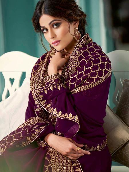 Myra Wine Embroidered Real Georgette Anarkali Suit | Swadesiicart