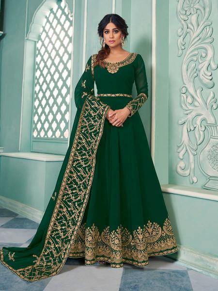 Myra Green Embroidered Real Georgette Anarkali Suit | Swadesiicart