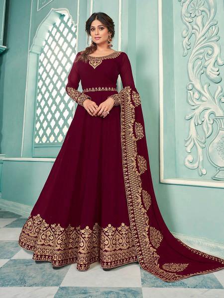 Myra Maroon Embroidered Real Georgette Anarkali Suit | Swadesiicart