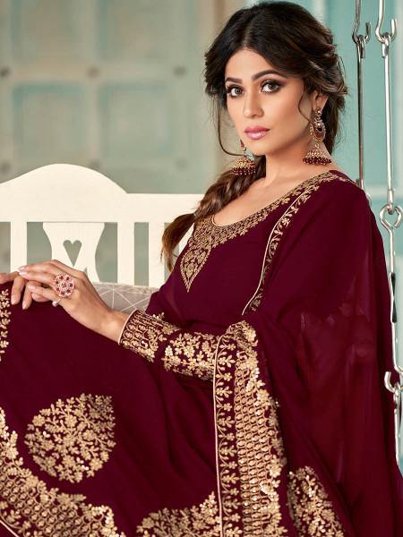 Myra Maroon Embroidered Real Georgette Anarkali Suit | Swadesiicart