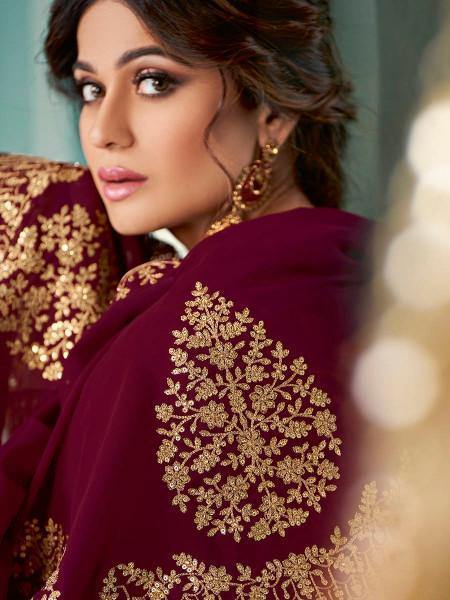 Myra Maroon Embroidered Real Georgette Anarkali Suit | Swadesiicart