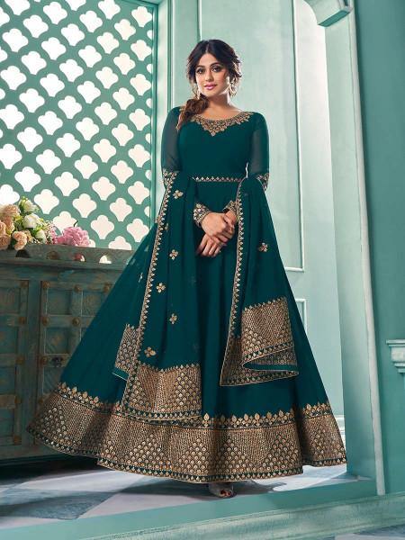 Myra Teal Embroidered Real Georgette Anarkali Suit | Swadesiicart