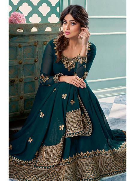 Myra Teal Embroidered Real Georgette Anarkali Suit | Swadesiicart